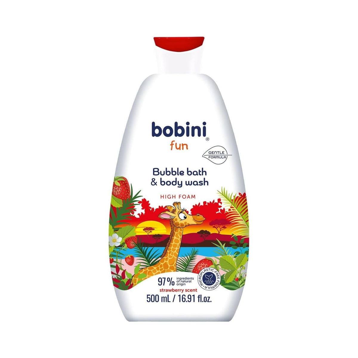 Refect Beauty Bobini strawberry scented bubble bath and body wash for kids in a 500ml bottle with giraffe graphic