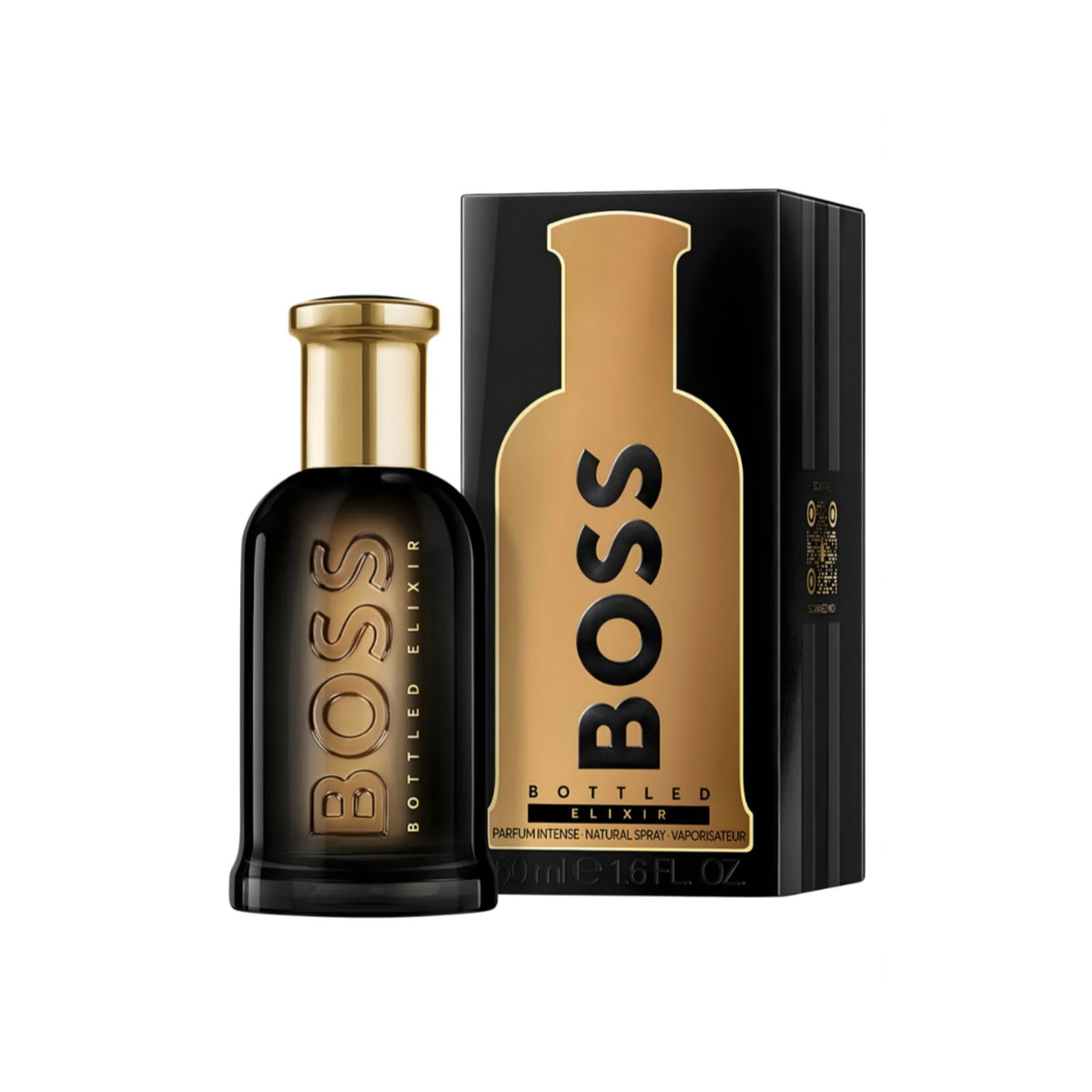 Refect Beauty BOSS Bottled Elixir Eau de Parfum in a dark glass bottle with gold cap next to its black and gold box.
