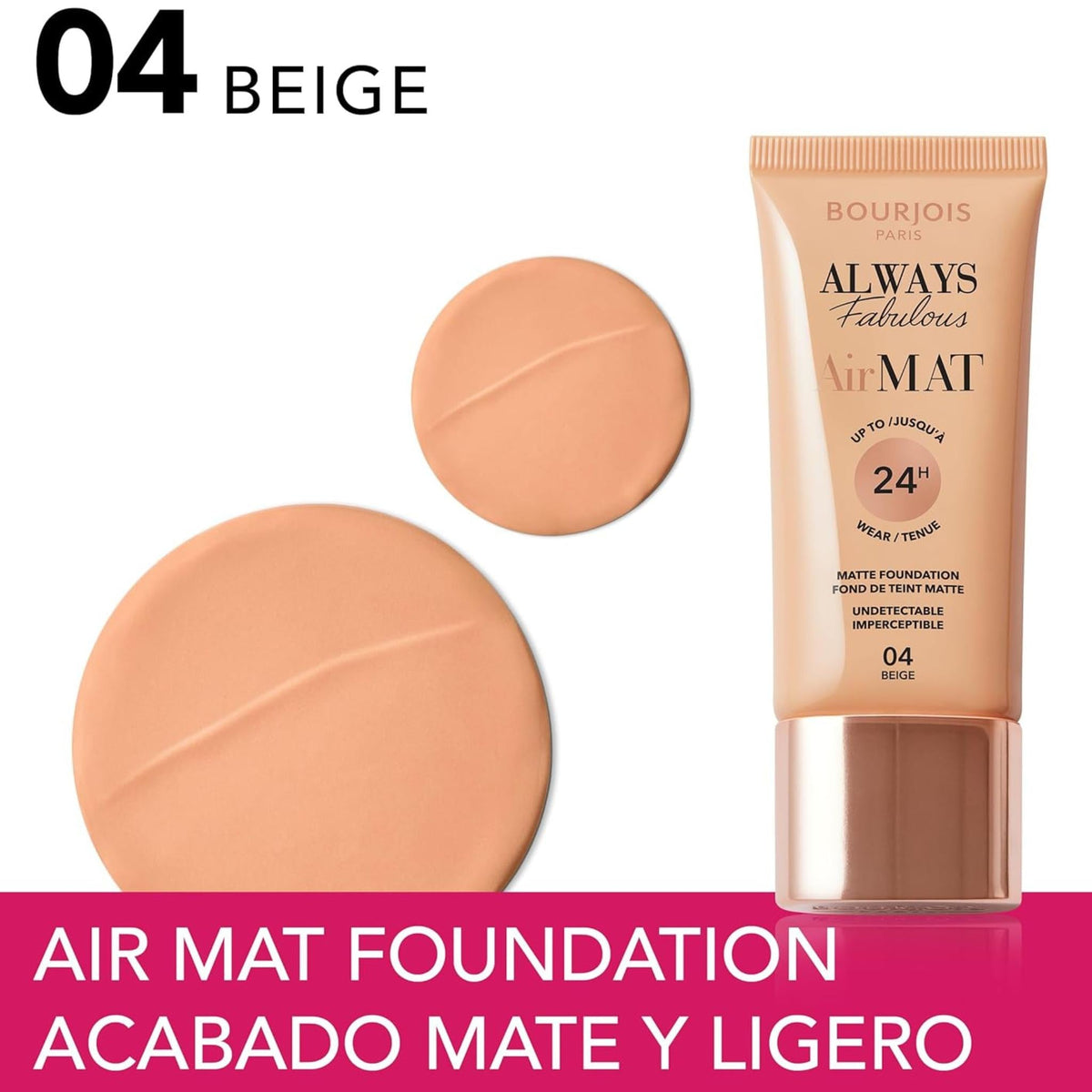 Refect Beauty Bourjois Always Fabulous Air Mat Foundation in shade 04 Beige with a smooth, matte texture swatch.