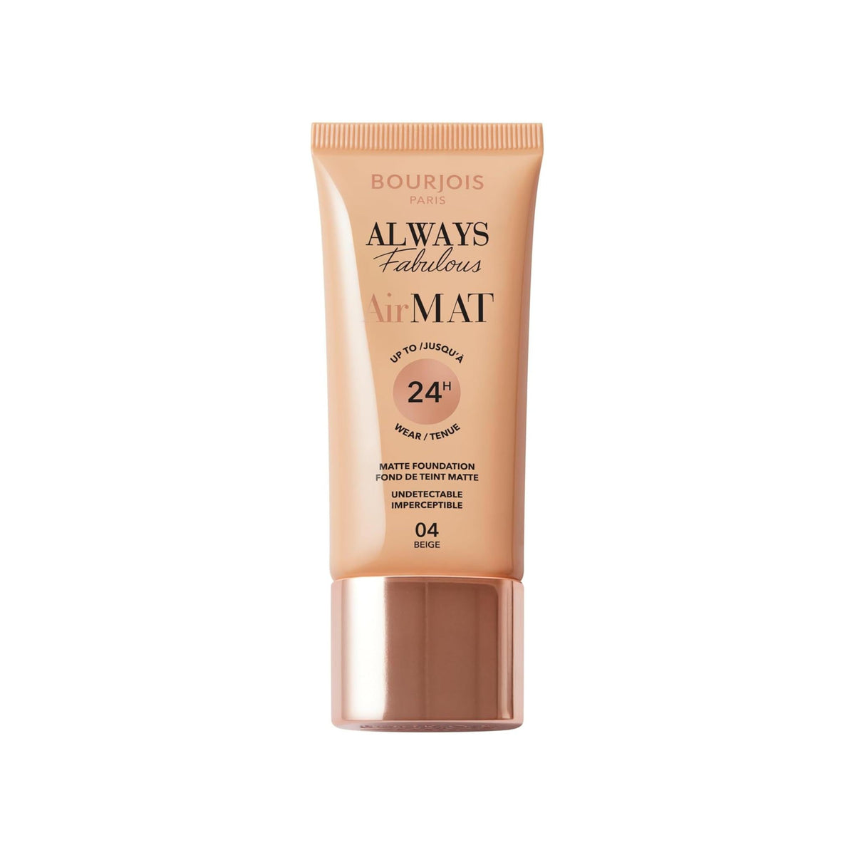 Refect Beauty Bourjois Always Fabulous Air Mat Foundation in shade 04 Beige in a squeeze tube with a metallic cap.