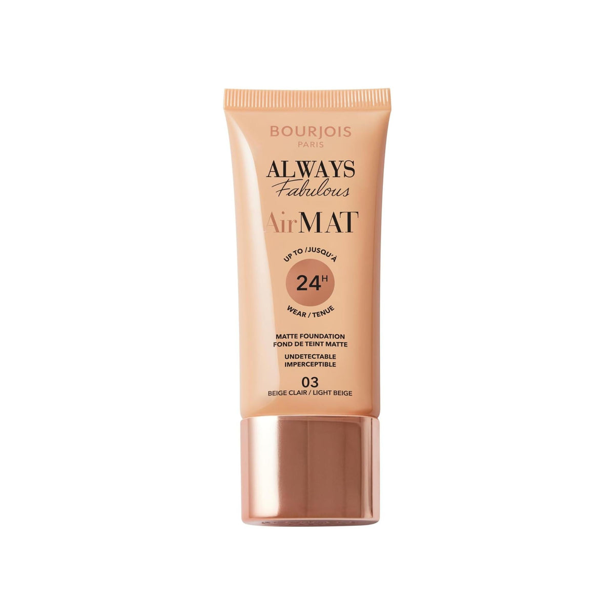 Refect Beauty Bourjois Always Fabulous Air Mat Foundation in shade 03 Light Beige for a long-lasting matte finish.