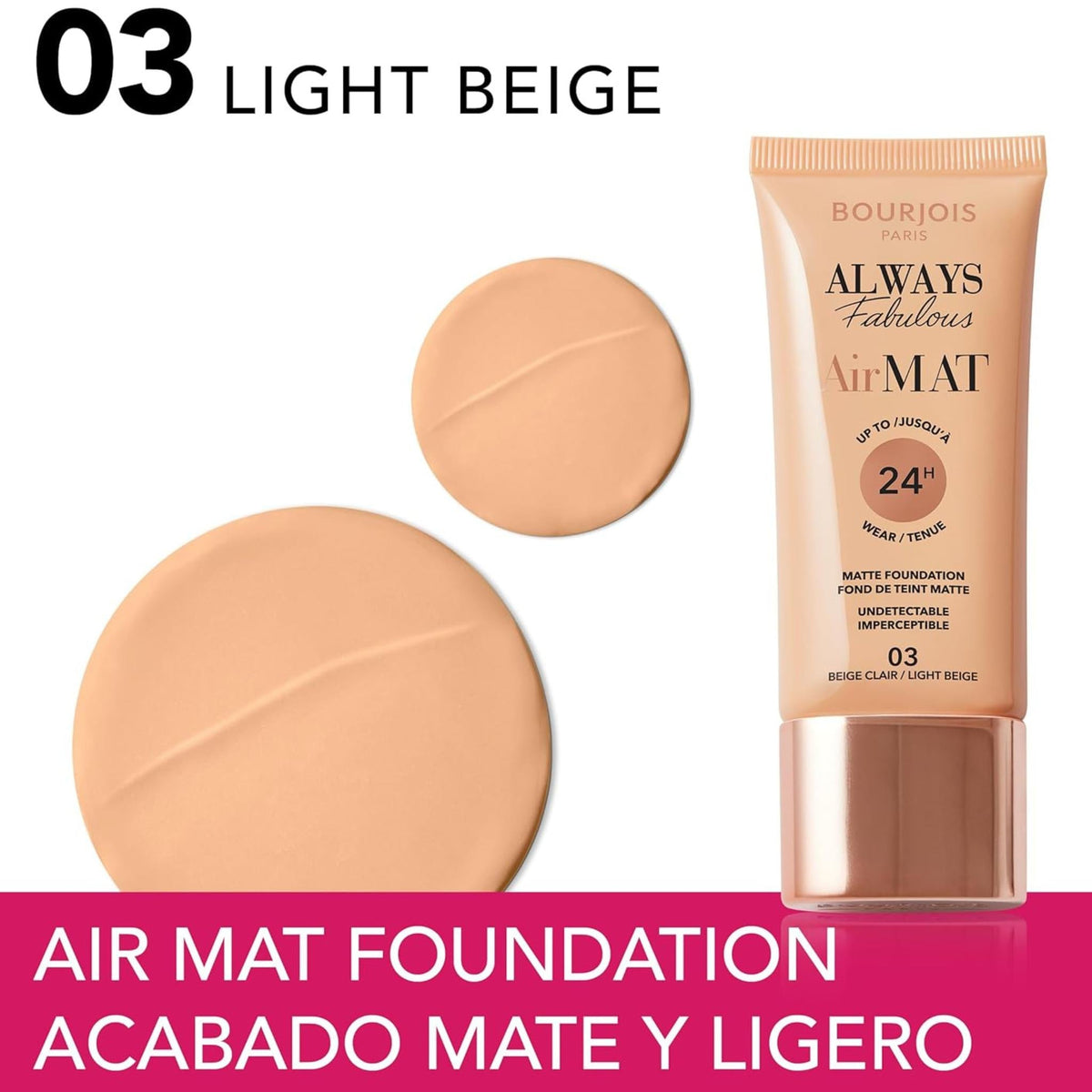 Refect Beauty Bourjois Always Fabulous Air Mat Foundation in shade 03 Light Beige with a smooth matte texture swatch