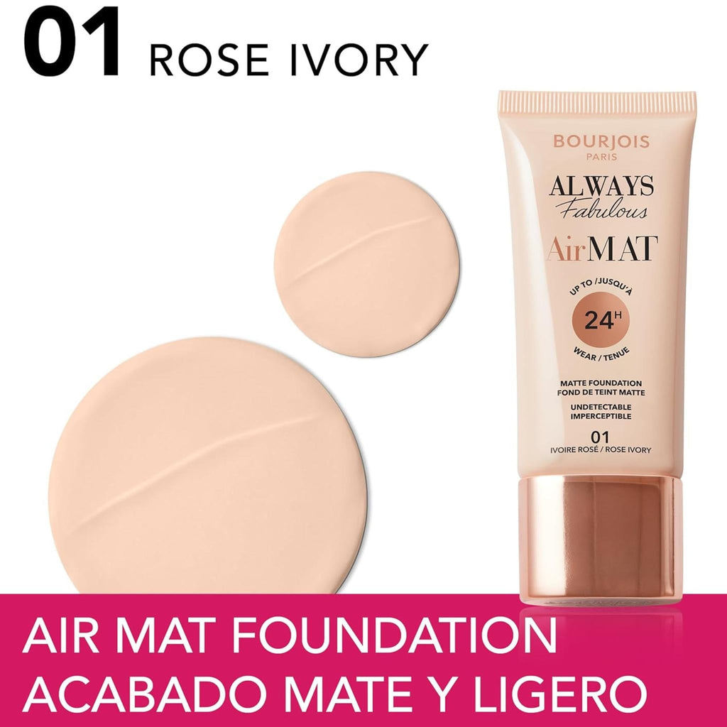 Refect Beauty Bourjois Always Fabulous Air Mat Foundation in shade 01 Rose Ivory with a smooth matte texture swatch.