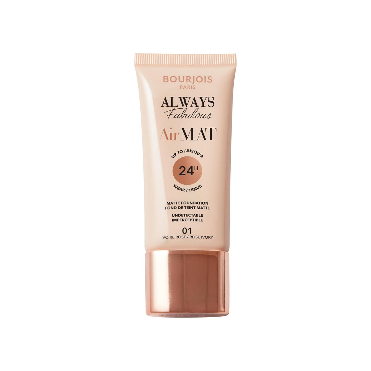 Refect Beauty Bourjois Always Fabulous Air Mat Foundation in shade 01 Rose Ivory in a beige squeeze tube