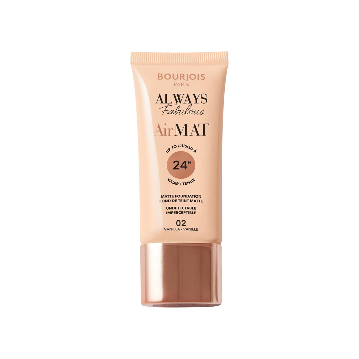 Refect Beauty Bourjois Always Fabulous Air Mat Foundation in shade 02 Vanilla in a beige squeeze tube.