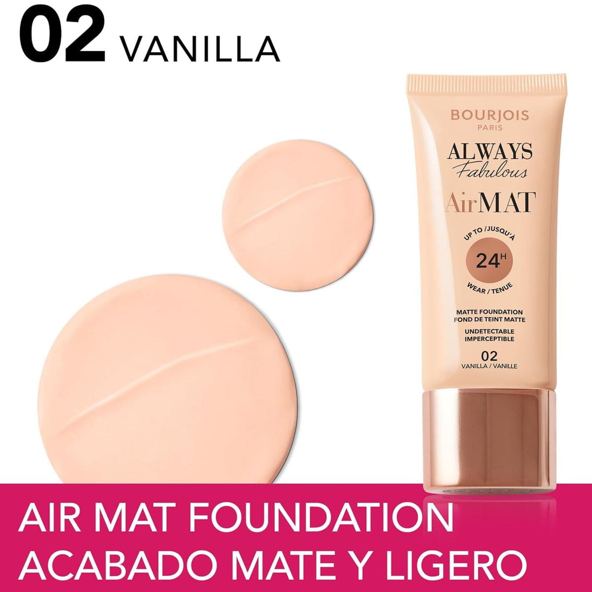 Refect Beauty Bourjois Always Fabulous Air Mat Foundation in shade 02 Vanilla with a swatch of the matte cream