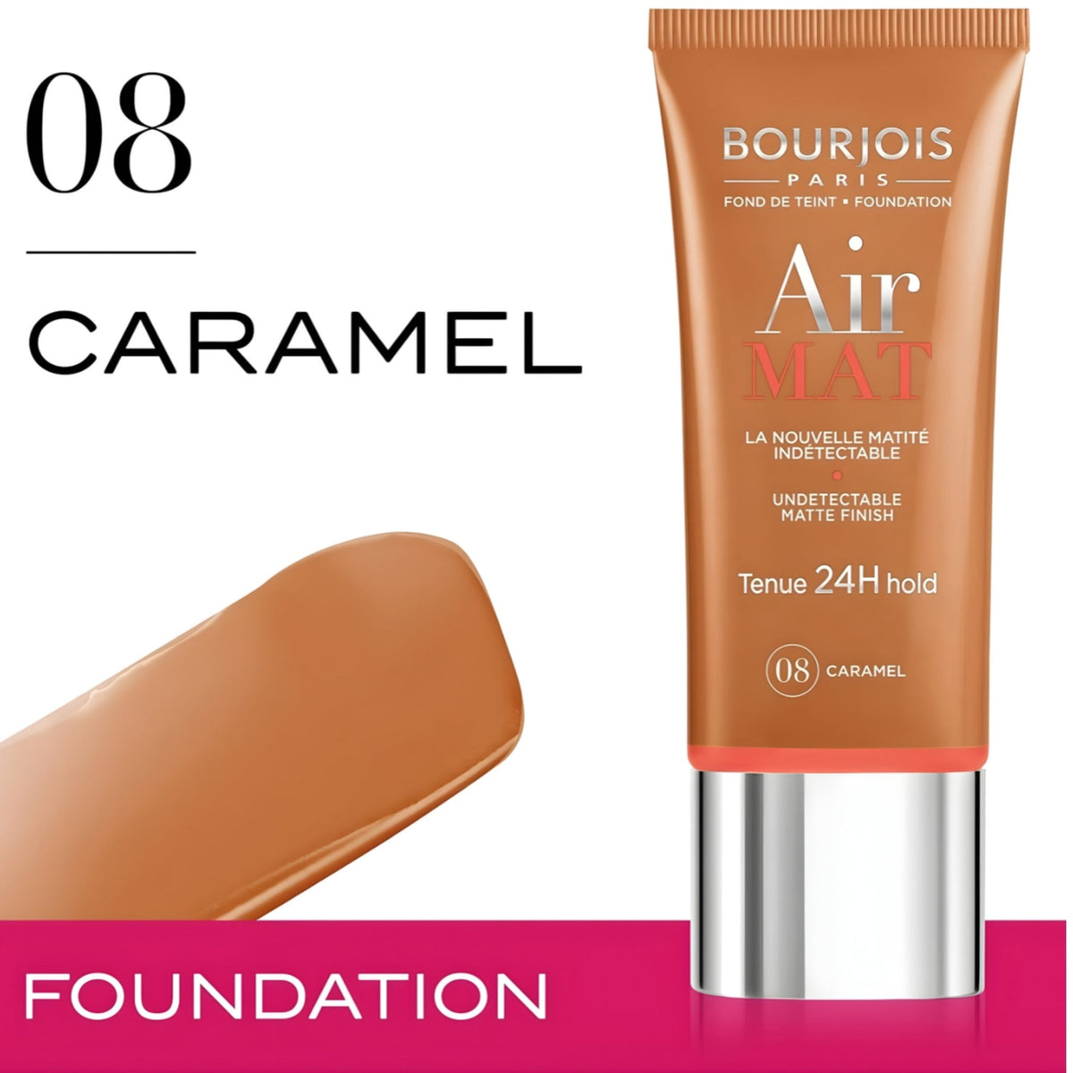 Refect Beauty Bourjois Air Matte Foundation in shade 08 Caramel with a swatch showing the smooth matte texture