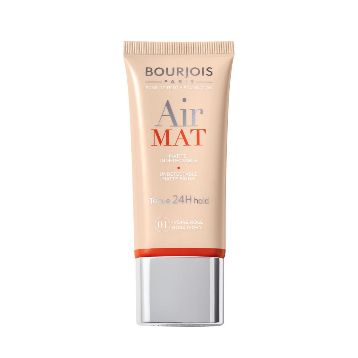 Refect Beauty Bourjois Air Matte 24H foundation in shade 01 Rose Ivory in a beige squeeze tube with silver cap.