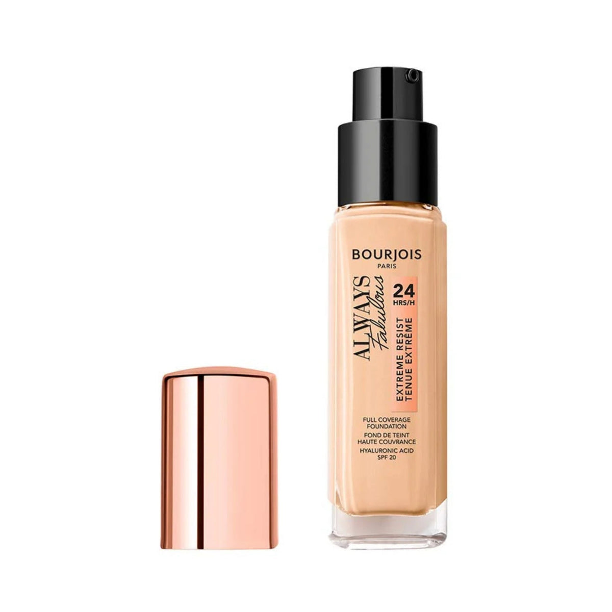 Refect Beauty Bourjois Always Fabulous 24H long-wear foundation in a glass pump bottle with a rose gold cap.