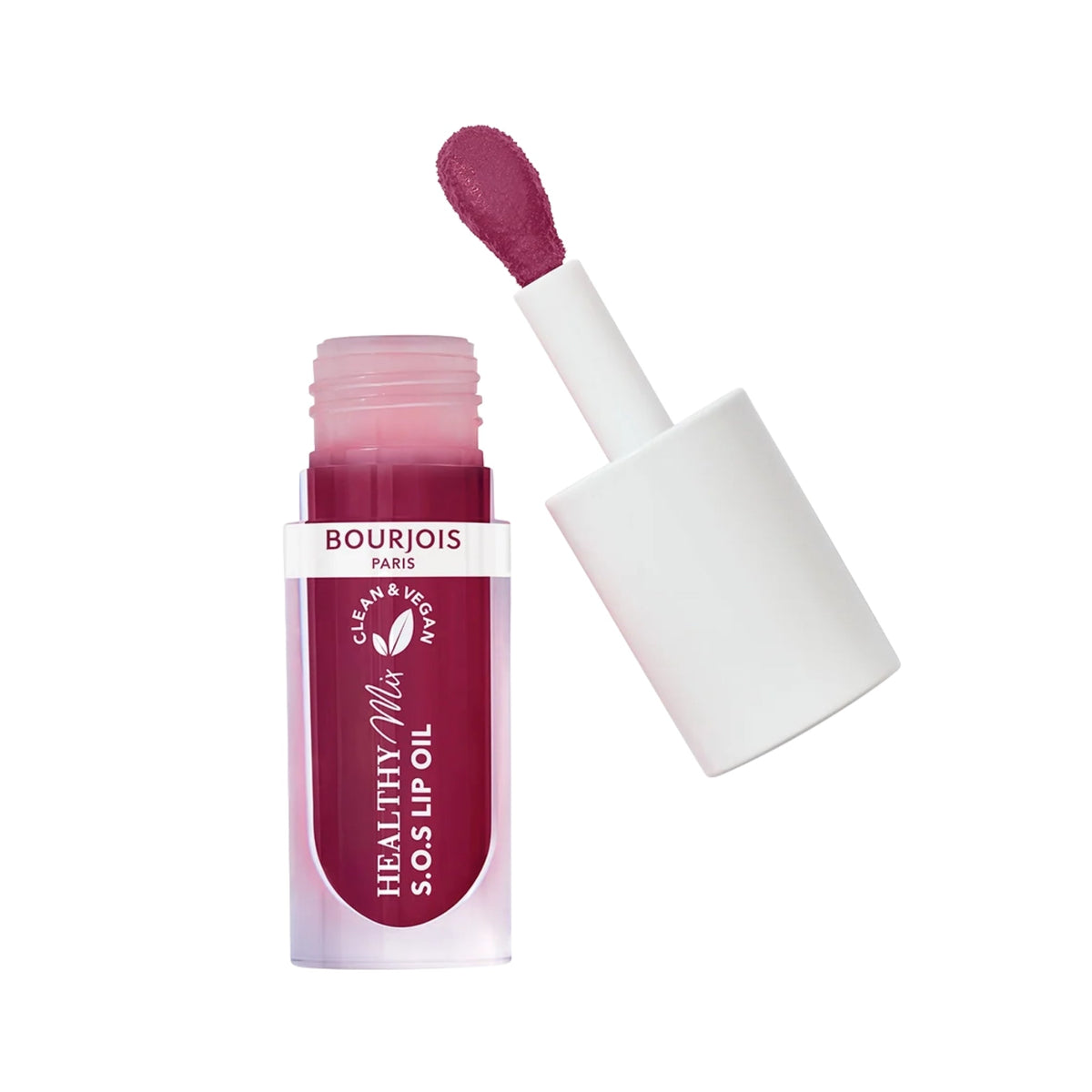 Refect Beauty Bourjois Healthy Mix SOS Lip Oil in a deep berry shade with a doe-foot applicator for glossy hydration.
