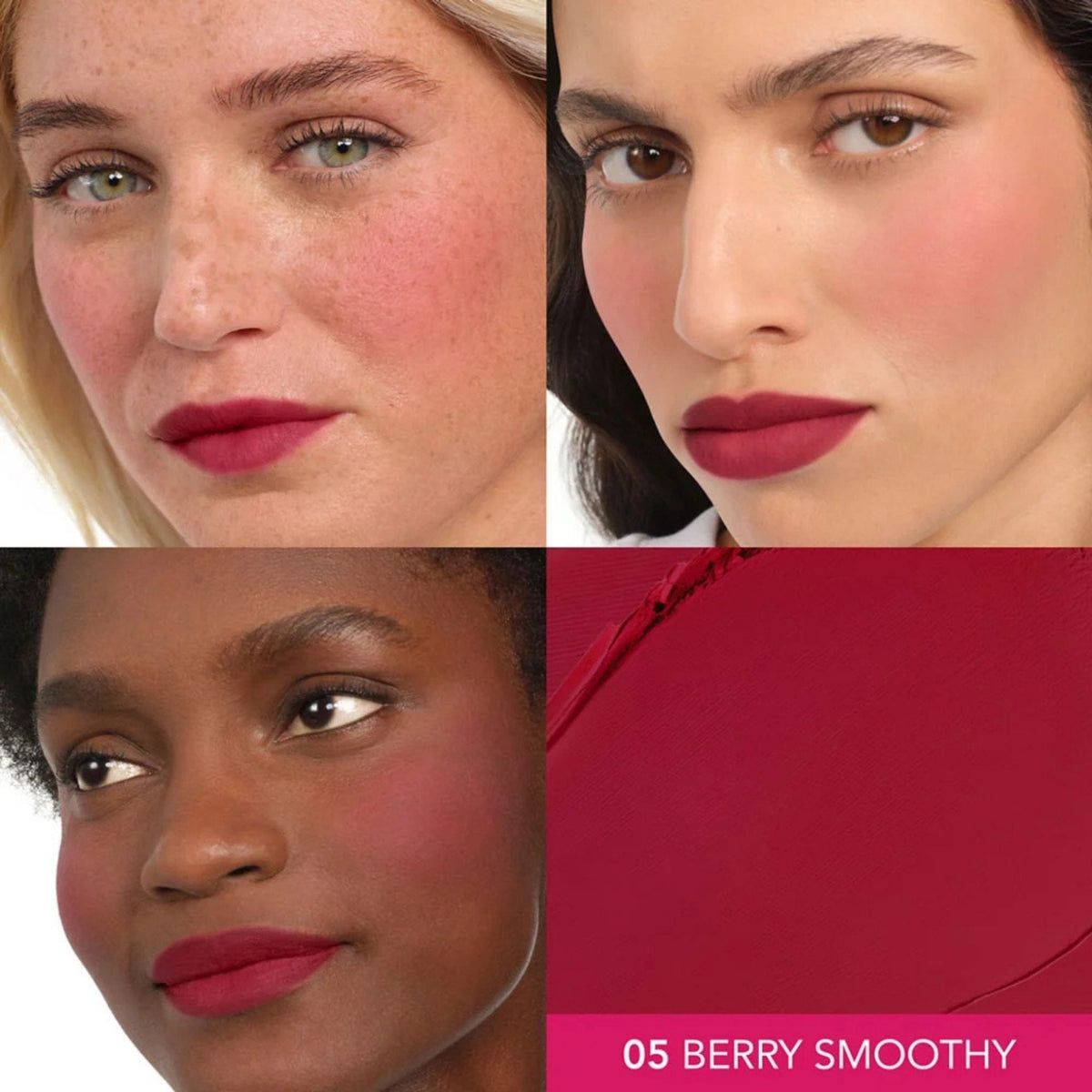 Refect Beauty Bourjois Macaron Melt blush in 05 Berry Smoothy applied on lips and cheeks of three diverse models