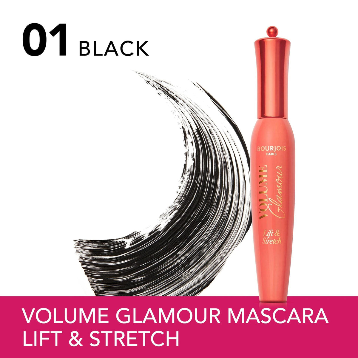 Refect Beauty Bourjois Volume Glamour Lift & Stretch mascara in 01 Black with a curved black lash pigment swatch.