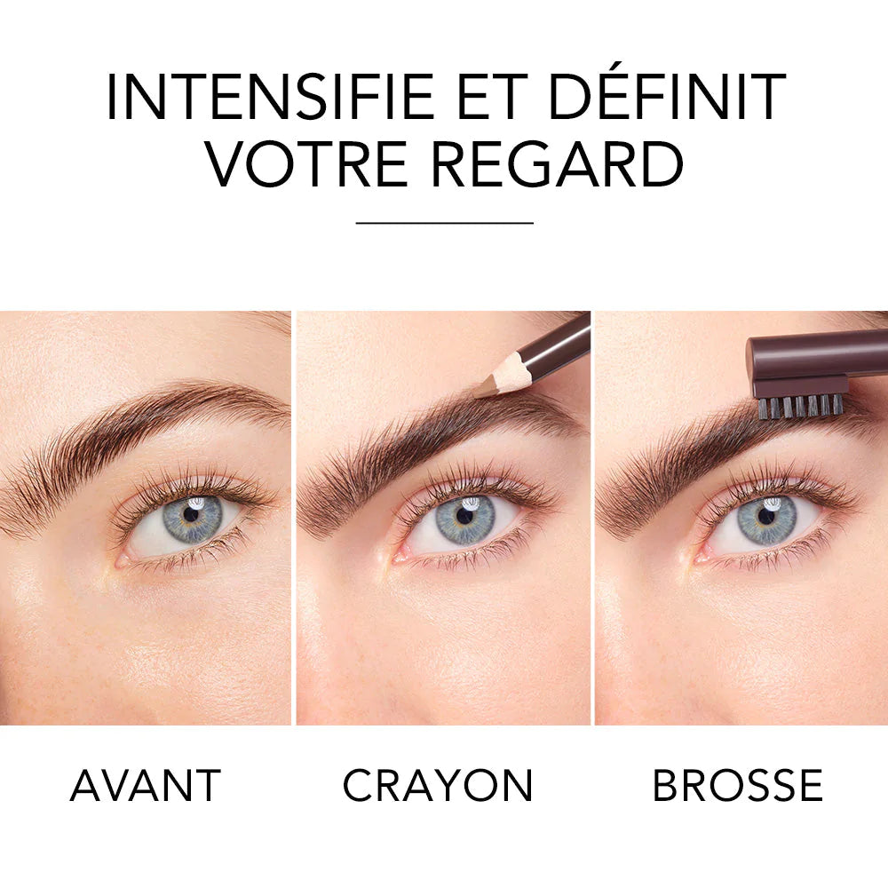 Refect Beauty Bourjois Brow Reveal precision eyebrow pencil showing before, during application, and brushed results.