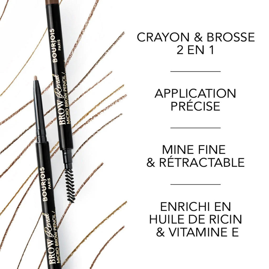 Refect Beauty Bourjois Brow Reveal retractable eyebrow pencil with spoolie brush and swatches on white background.