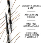 Refect Beauty Bourjois Brow Reveal retractable eyebrow pencil with spoolie brush and swatches on white background.