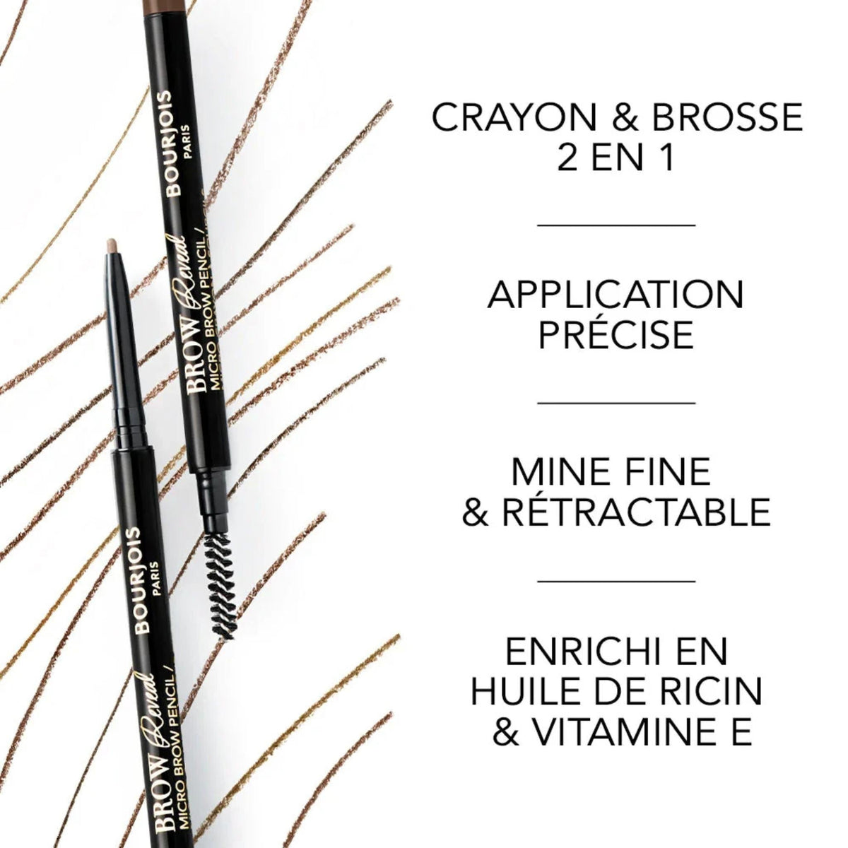 Refect Beauty Bourjois Brow Reveal retractable eyebrow pencil with spoolie brush and swatches on white background.