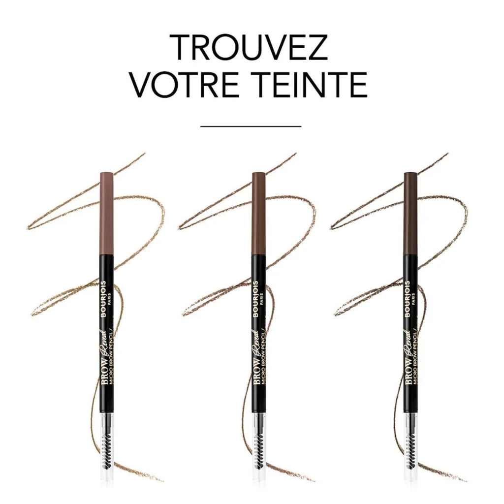 Refect Beauty Bourjois Brow Reveal twist-up eyebrow pencils in three shades with swatch lines and spoolie brushes.