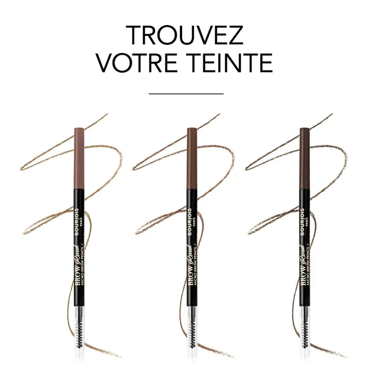 Refect Beauty Bourjois Brow Reveal twist-up eyebrow pencils in three shades with swatch lines and spoolie brushes.
