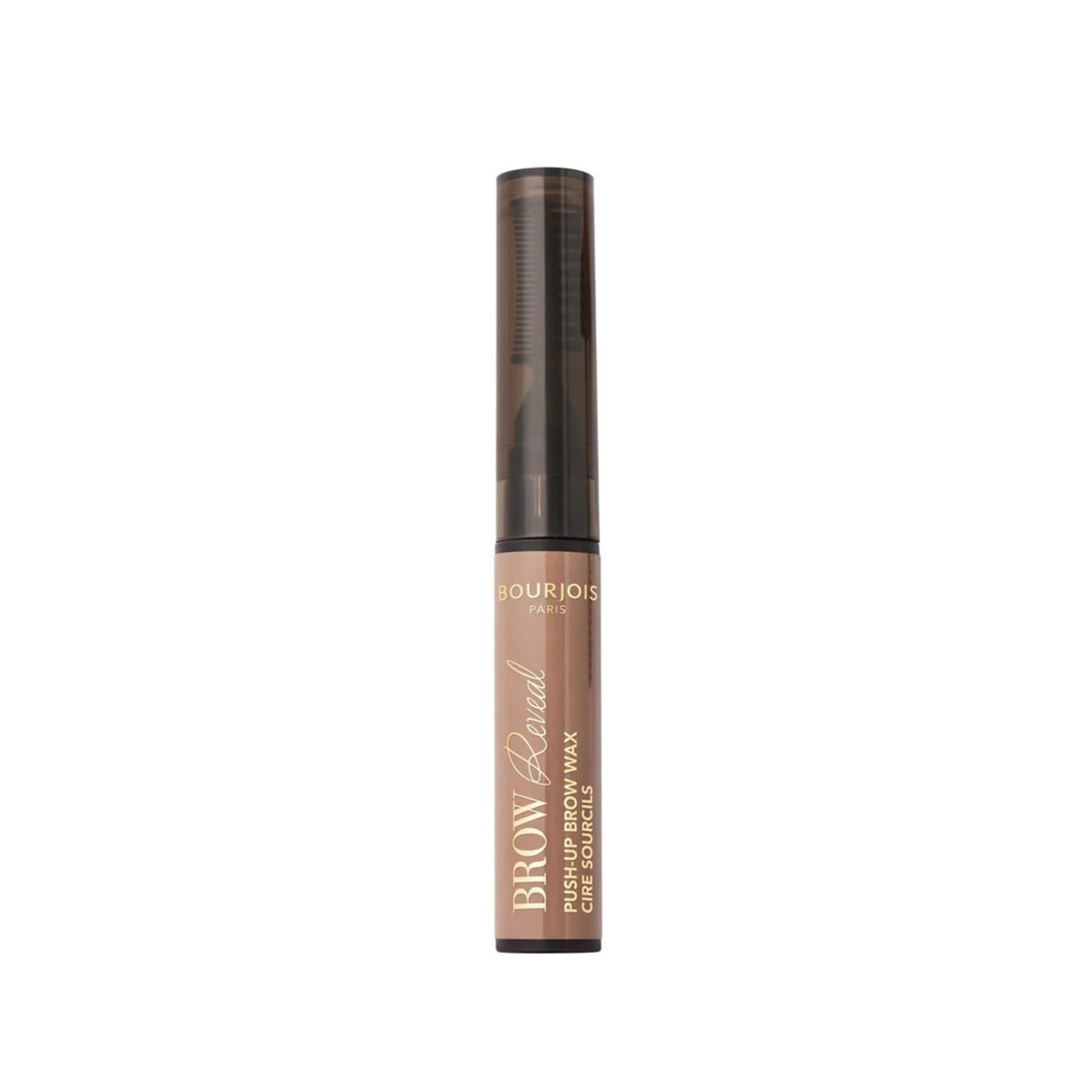Refect Beauty Bourjois Brow Reveal transparent brow wax tube with integrated spoolie for a laminated effect.