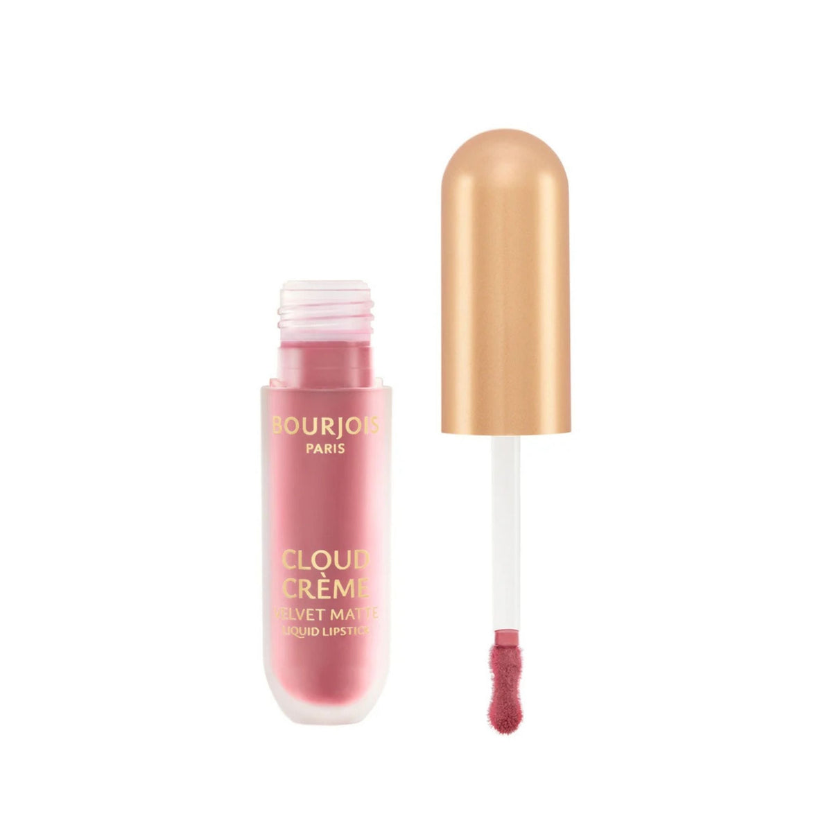 Refect Beauty Bourjois Cloud Crème liquid lipstick in a soft pink shade with a gold cap and doe-foot applicator