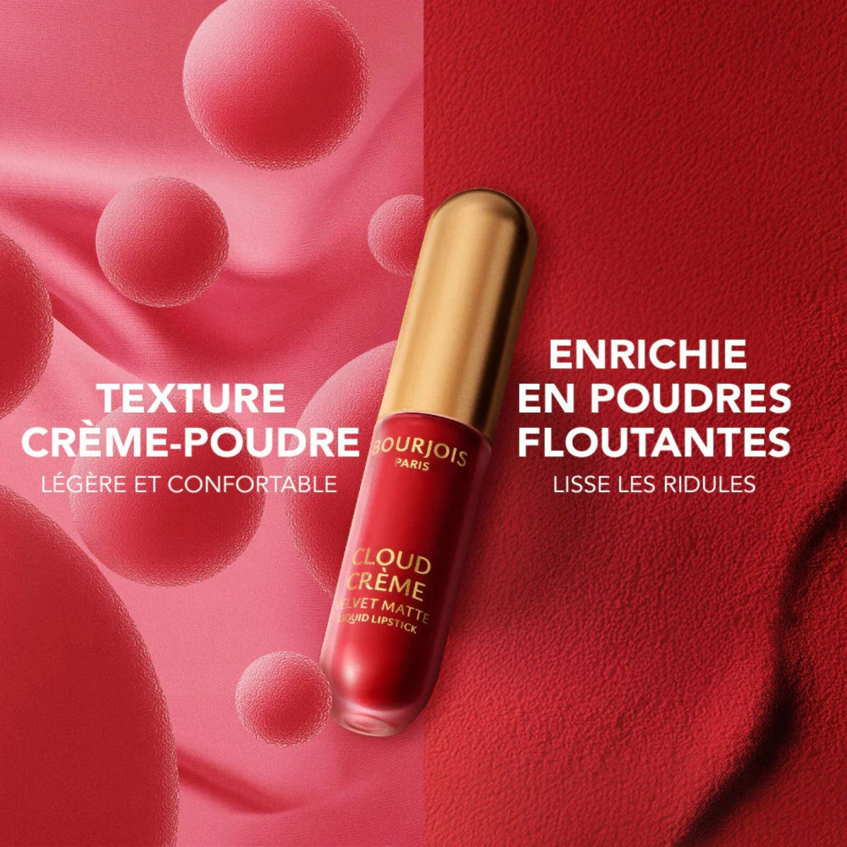 Refect Beauty Bourjois Cloud Crème liquid lipstick in a rich red shade with a gold cap against a textured red background