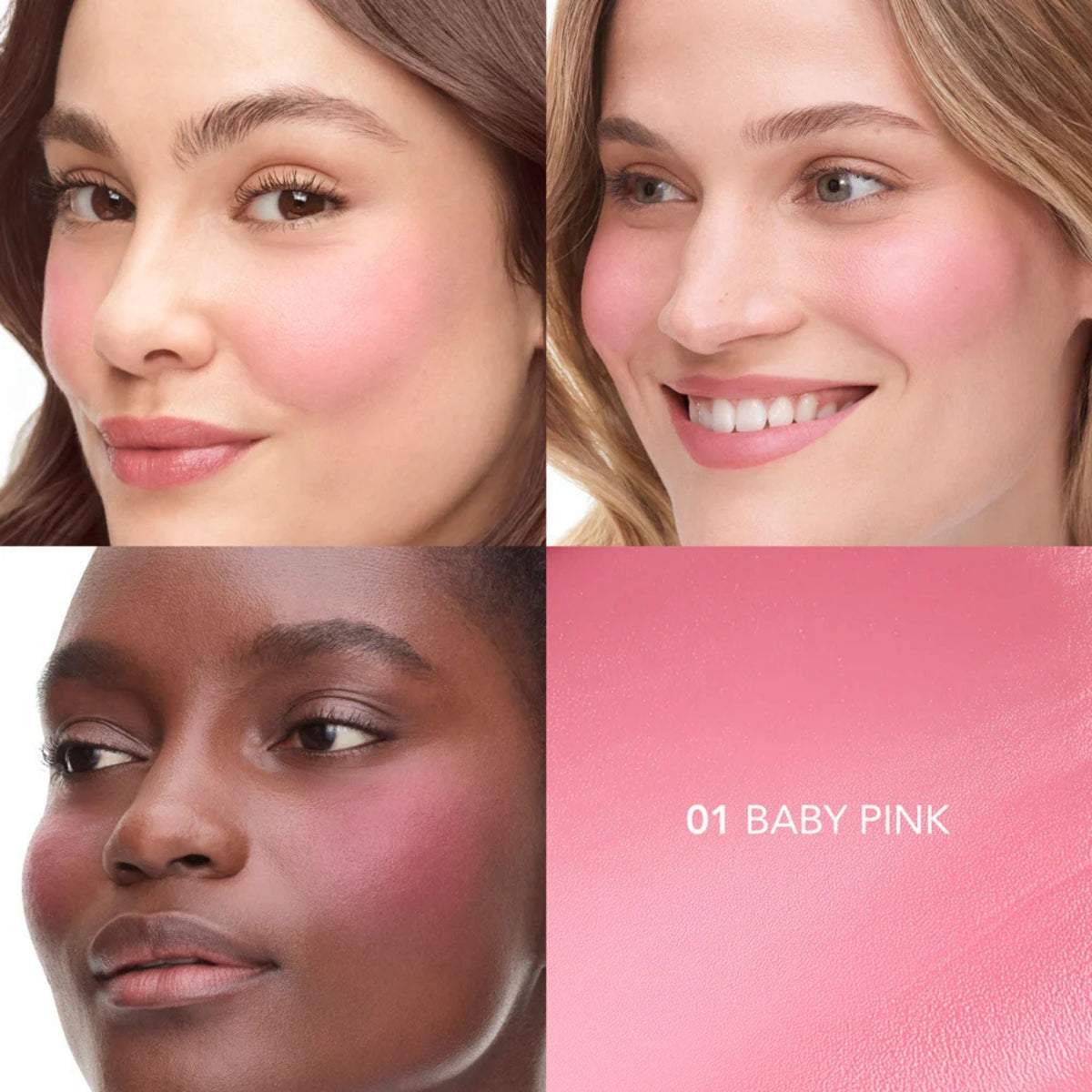 Refect Beauty Bourjois Little Round Pot Cream Blush in 01 Baby Pink applied on diverse skin tones for a radiant glow.