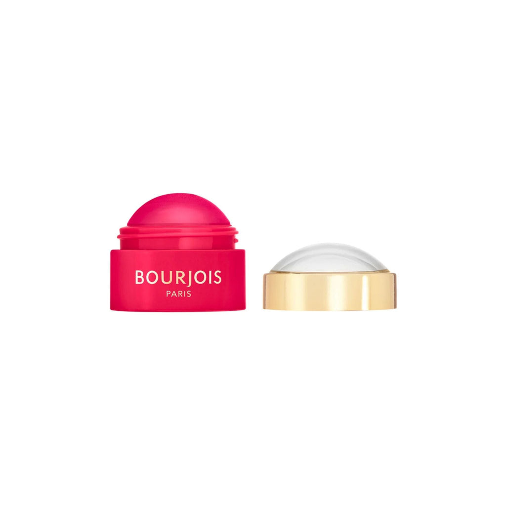 Refect Beauty Bourjois Little Round Pot cream blush in a vibrant pink shade with its gold lid placed beside it.
