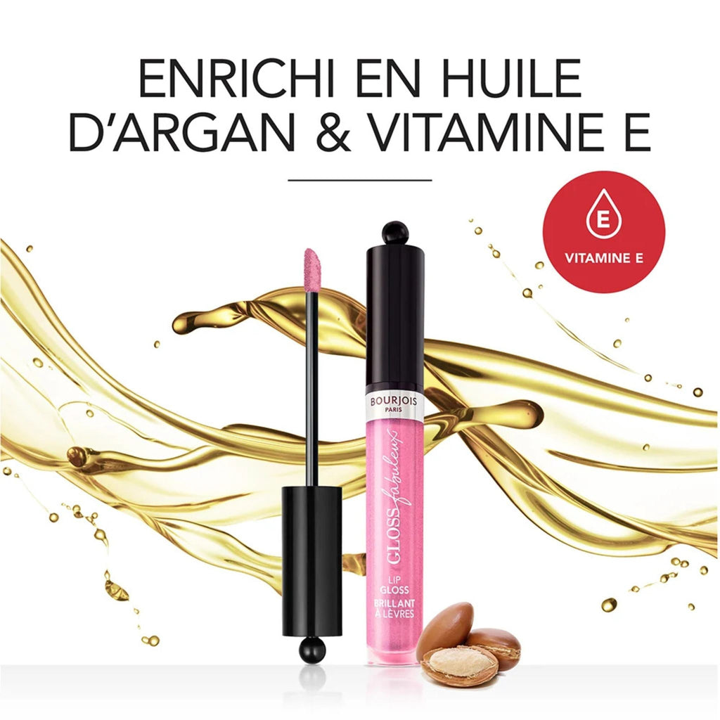 Refect Beauty Bourjois Gloss Fabuleux lip gloss with argan oil and vitamin E, featuring a pink applicator wand.