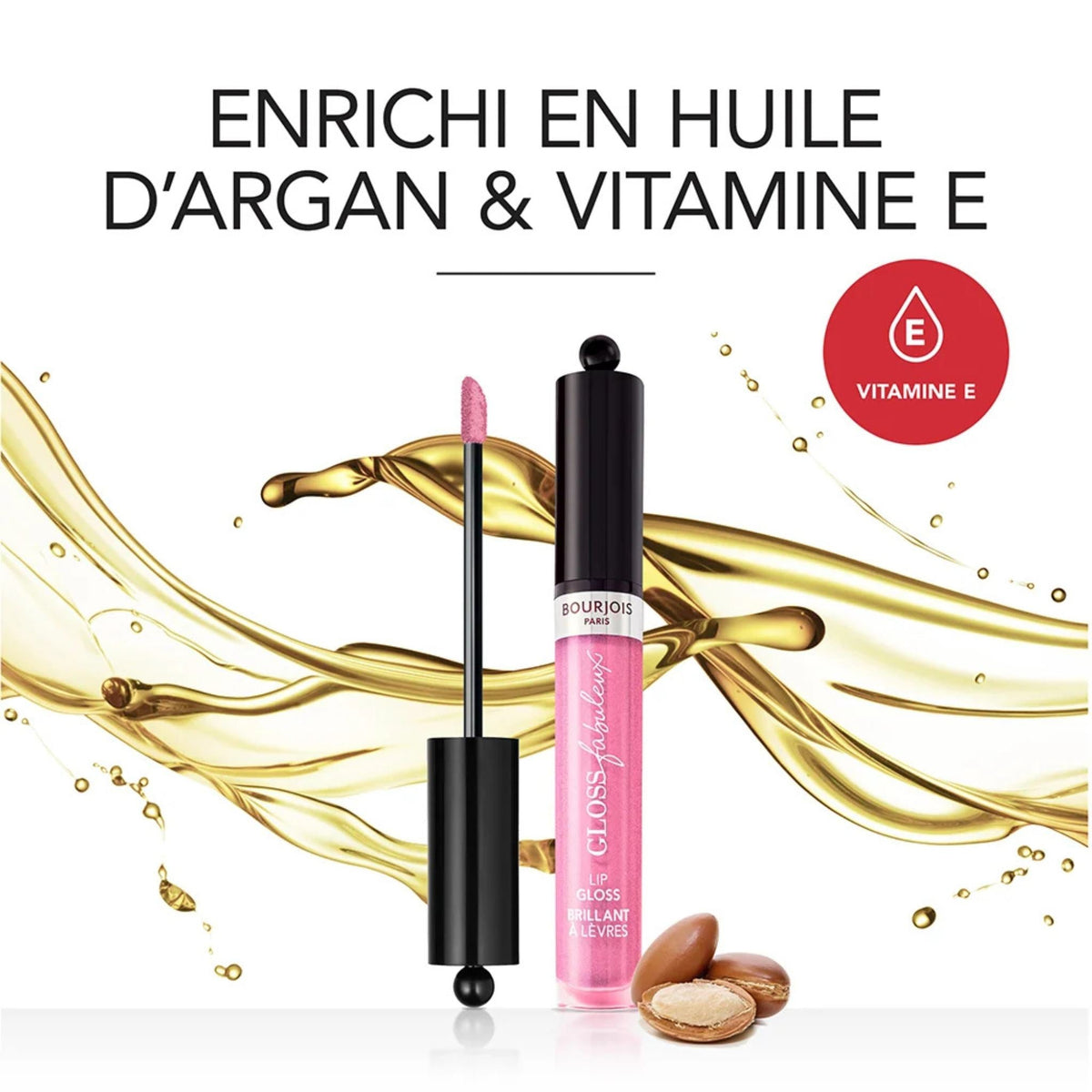 Refect Beauty Bourjois Gloss Fabuleux lip gloss with argan oil and vitamin E, featuring a pink applicator wand.