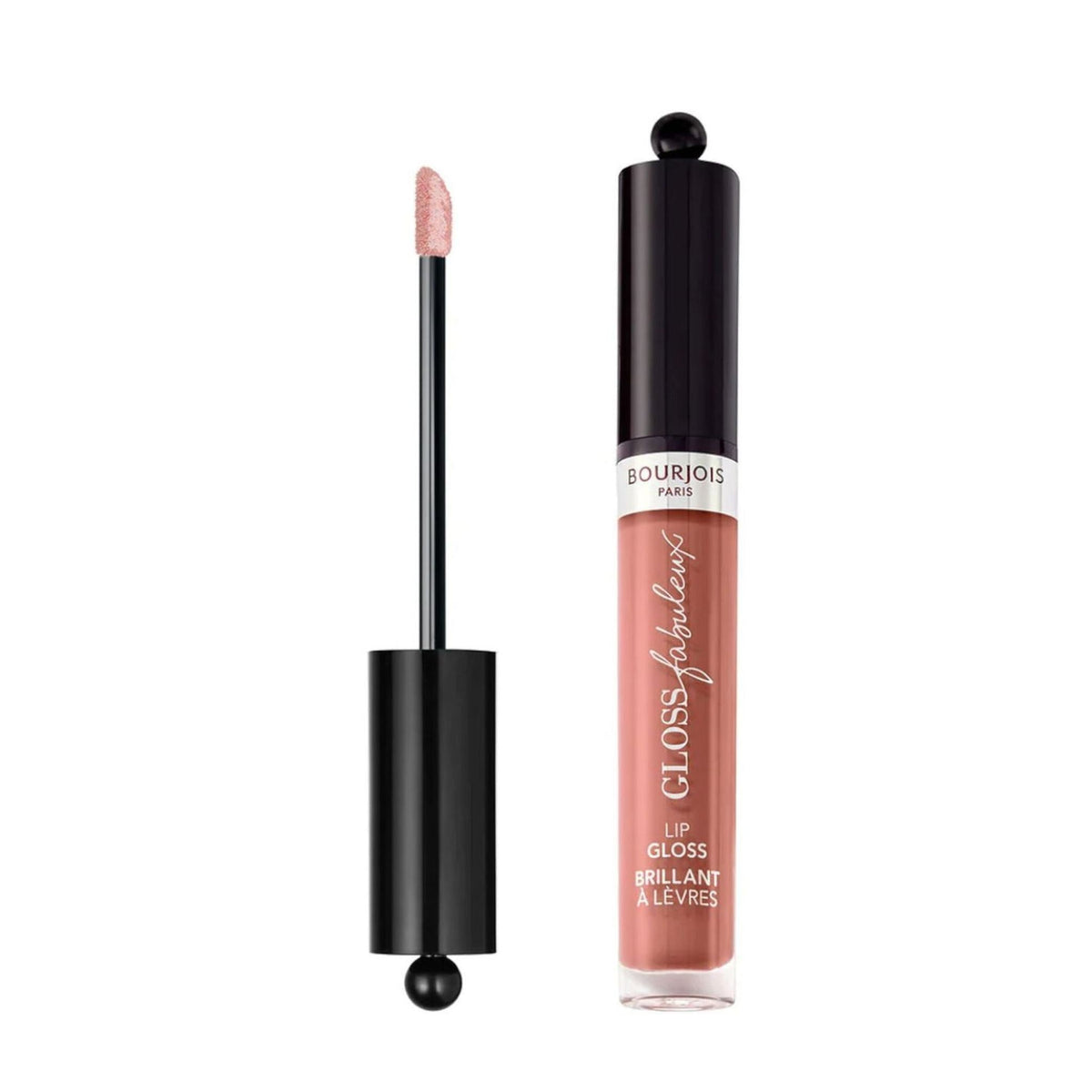 Refect Beauty Bourjois Gloss Fabuleux lip gloss in a nude shade with a doe-foot applicator and high-shine finish.