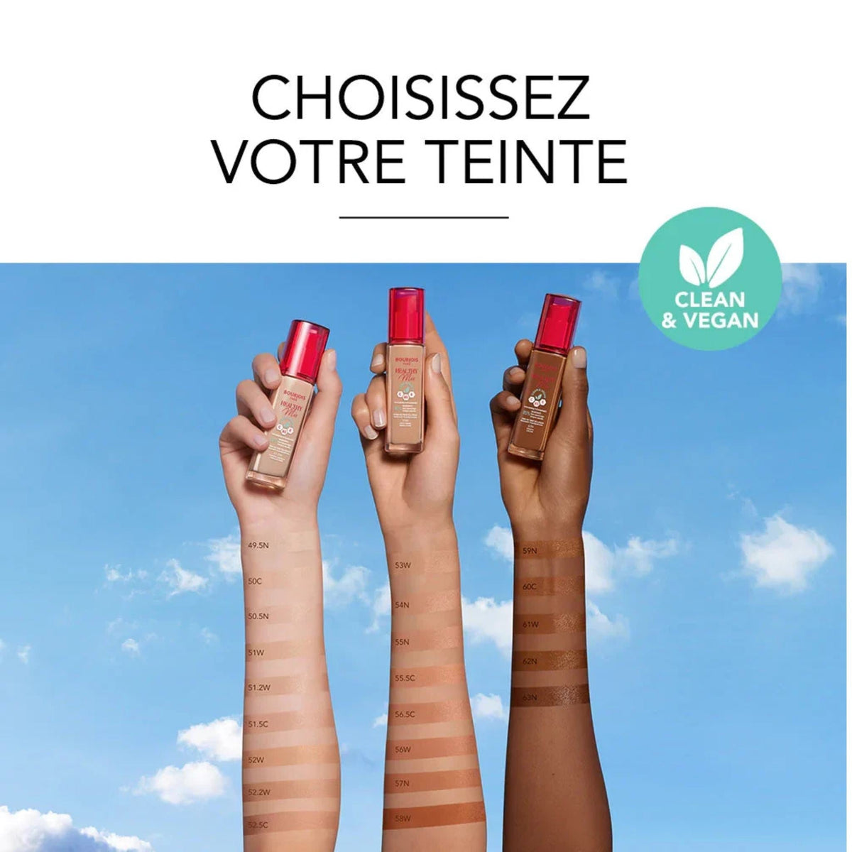 Refect Beauty Bourjois Healthy Mix Clean Foundation bottles held by three hands showing various skin tone swatches