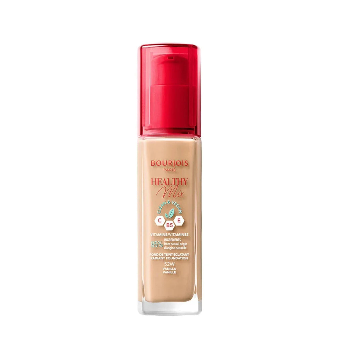 Refect Beauty Bourjois Healthy Mix Clean Foundation in shade 52W Vanilla with a red pump cap and glass bottle