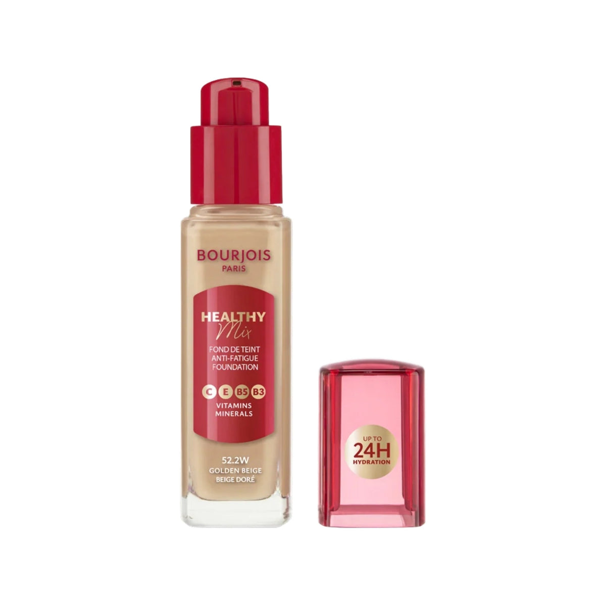 Refect Beauty Bourjois Healthy Mix anti-fatigue foundation in Golden Beige with a red pump bottle and cap