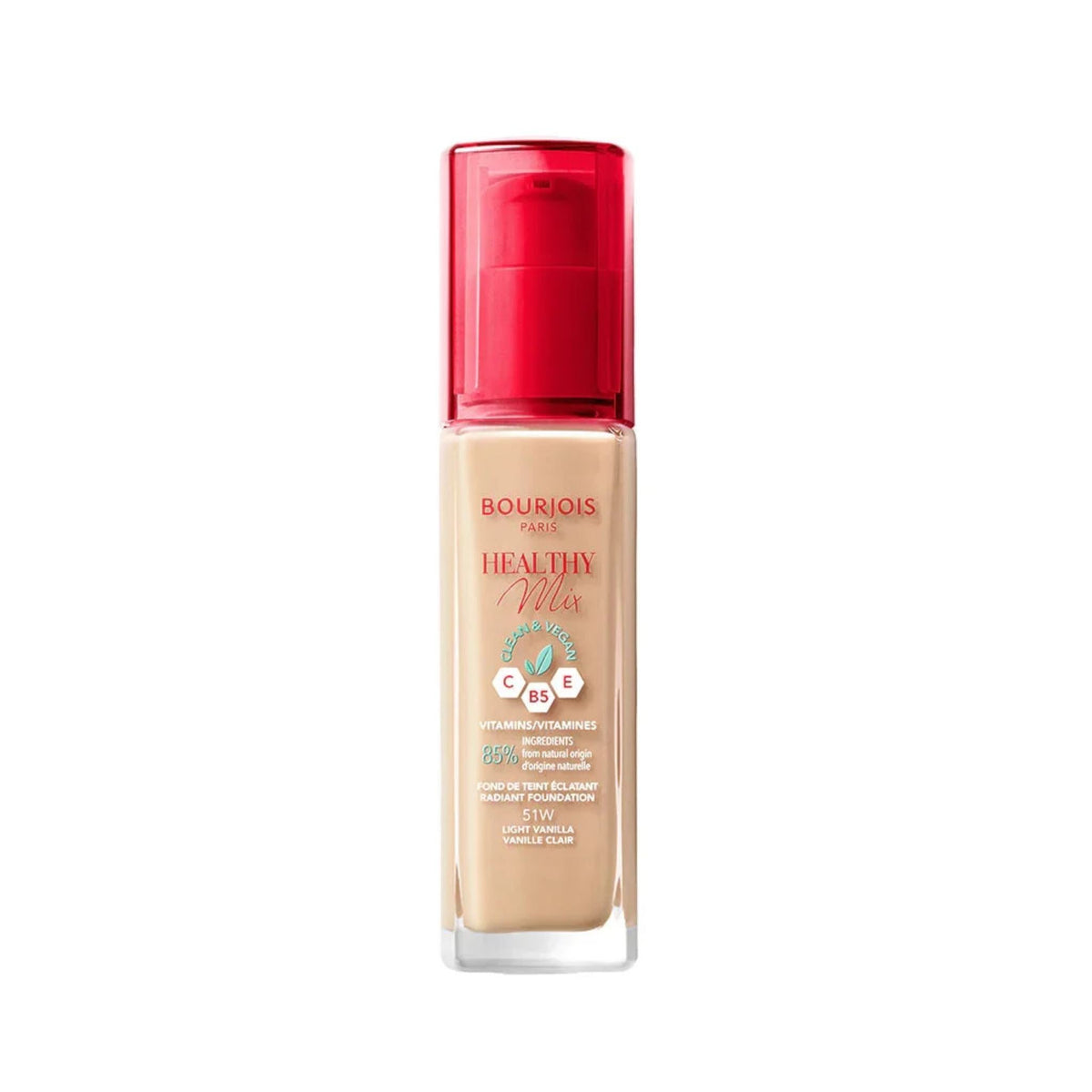 Refect Beauty Bourjois Healthy Mix Clean Foundation in Light Vanilla shade with a red pump cap and glass bottle.