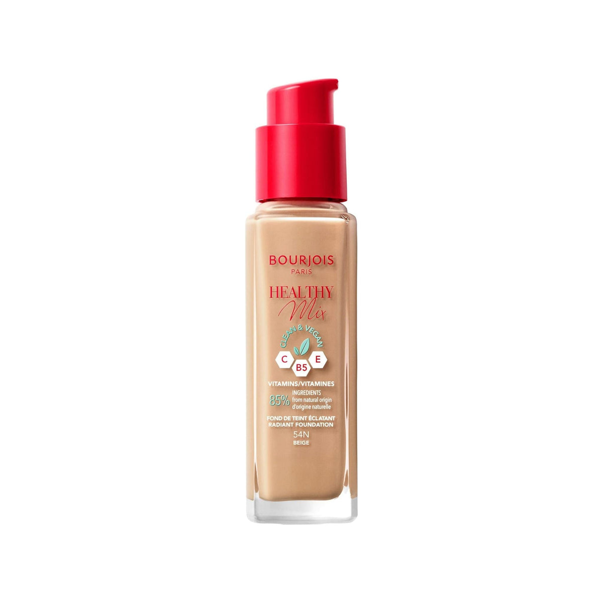 Refect Beauty Bourjois Healthy Mix Clean vegan liquid foundation in a glass bottle with a red pump dispenser