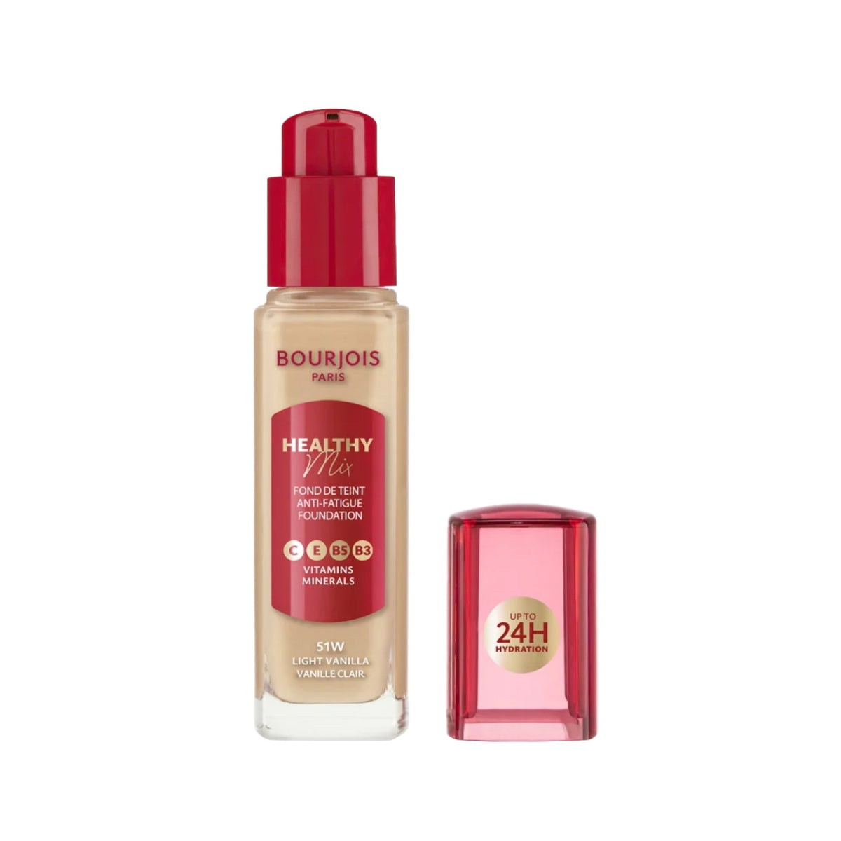 Refect Beauty Bourjois Healthy Mix anti-fatigue foundation in Light Vanilla shade with a red pump and cap