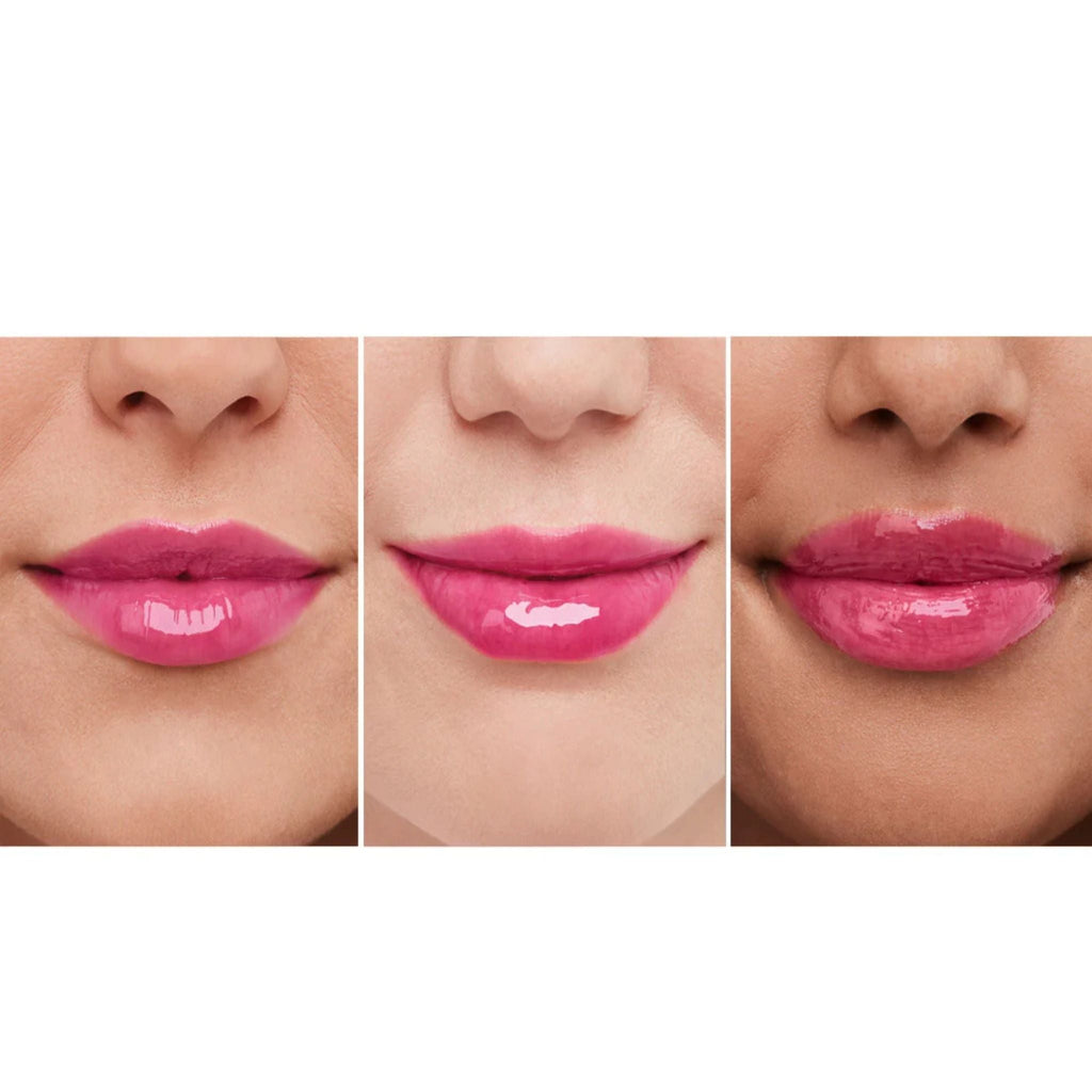 Refect Beauty Bourjois Healthy Mix SOS Lip Oil applied on three different skin tones for a glossy, hydrated finish