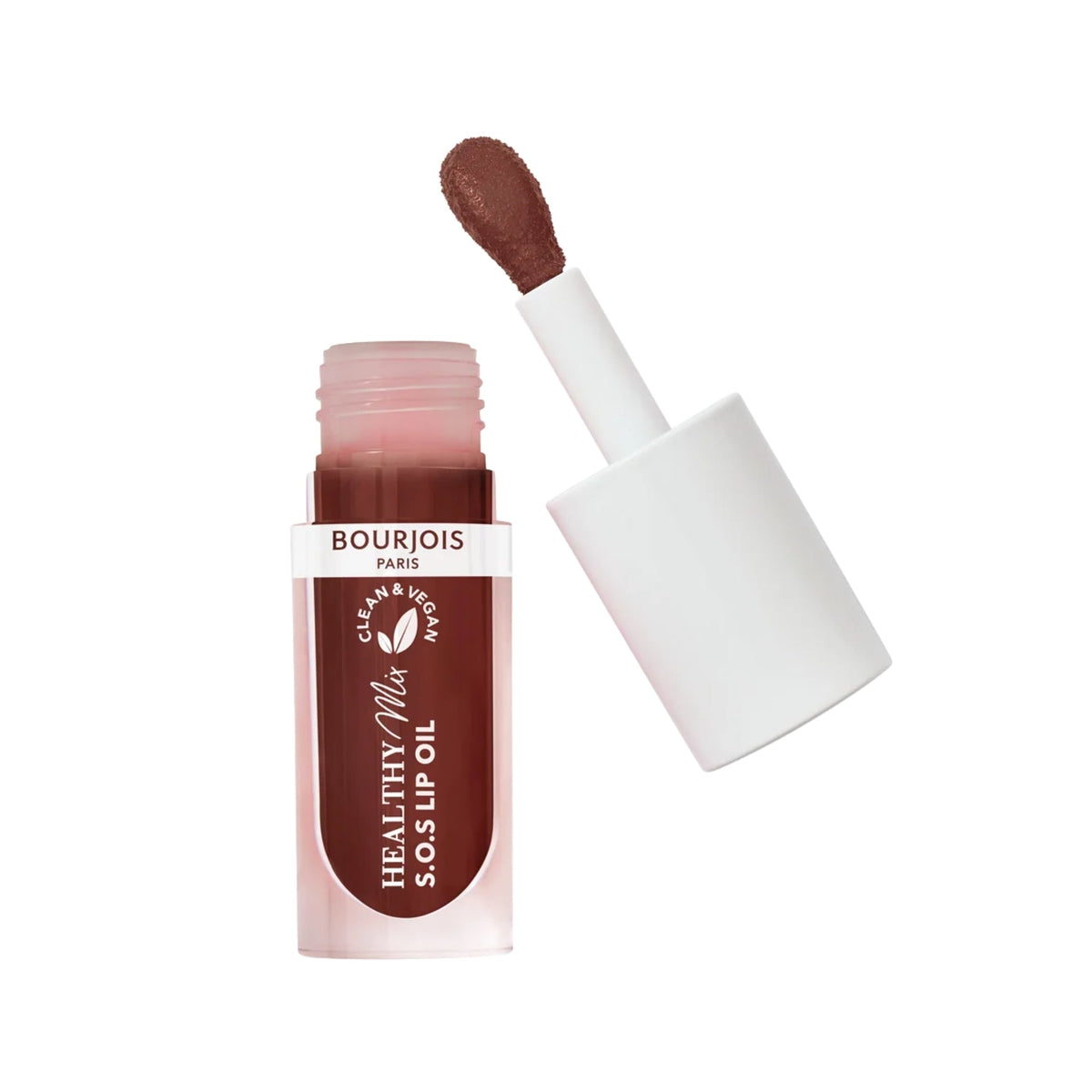Refect Beauty Bourjois Healthy Mix SOS Lip Oil in a deep berry shade with a doe-foot applicator for glossy hydration.