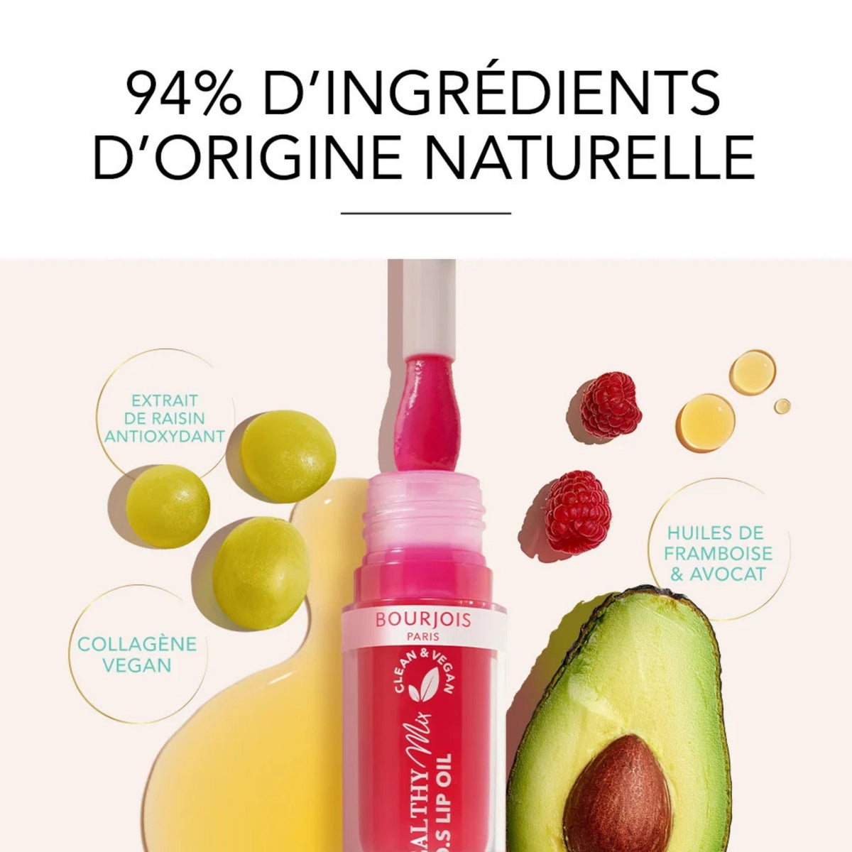 Refect Beauty Bourjois Healthy Mix SOS Lip Oil with avocado, raspberry, and grape ingredients for a glossy finish