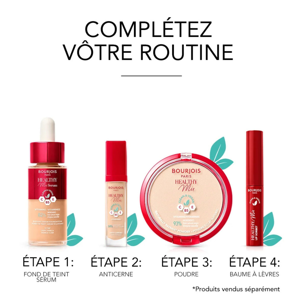 Refect Beauty Bourjois Healthy Mix makeup routine set including serum foundation, concealer, powder, and lip balm.