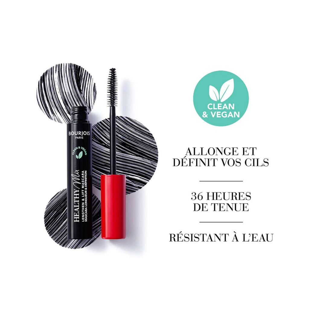 Refect Beauty Bourjois Healthy Mix black vegan mascara with a red cap and bio-microfiber brush for lash extension
