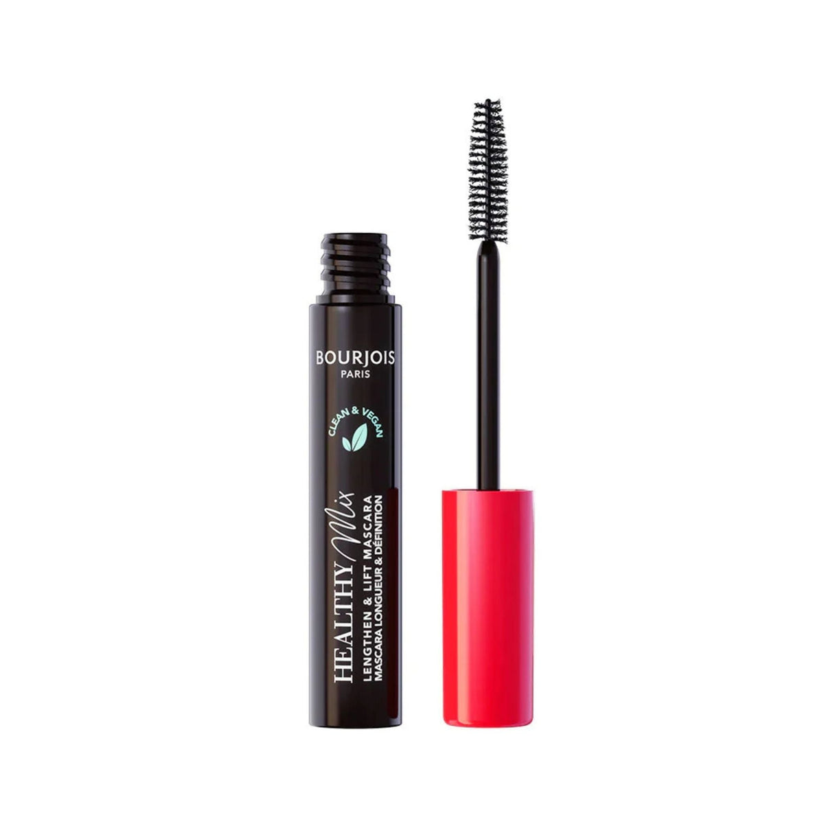 Refect Beauty Bourjois Healthy Mix black vegan mascara with a bio-microfiber brush for lash lengthening and lift.
