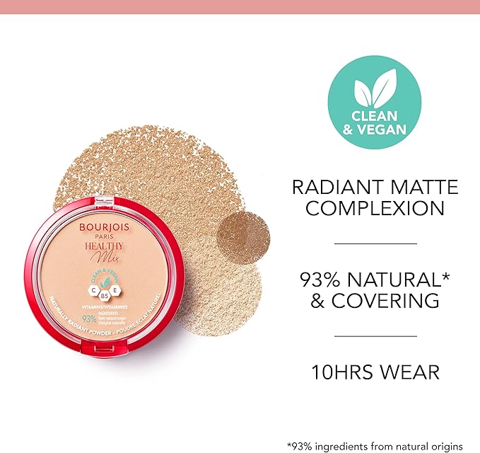 Refect Beauty Bourjois Healthy Mix Clean Powder in 04 Golden Beige, a vegan pressed powder for a radiant matte finish.
