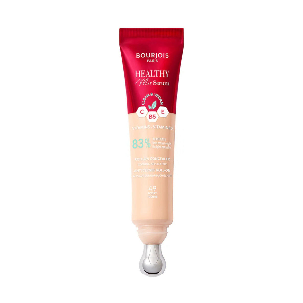 Refect Beauty Bourjois Healthy Mix Serum liquid concealer in shade 49 Ivory with a cooling roll-on applicator.