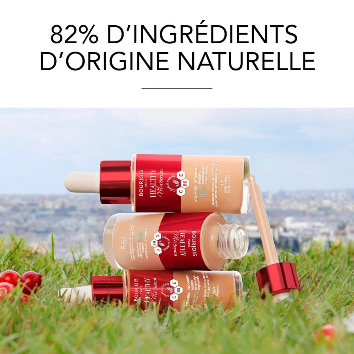 Refect Beauty Bourjois Healthy Mix Serum Foundation bottles with dropper applicators in various shades on grass