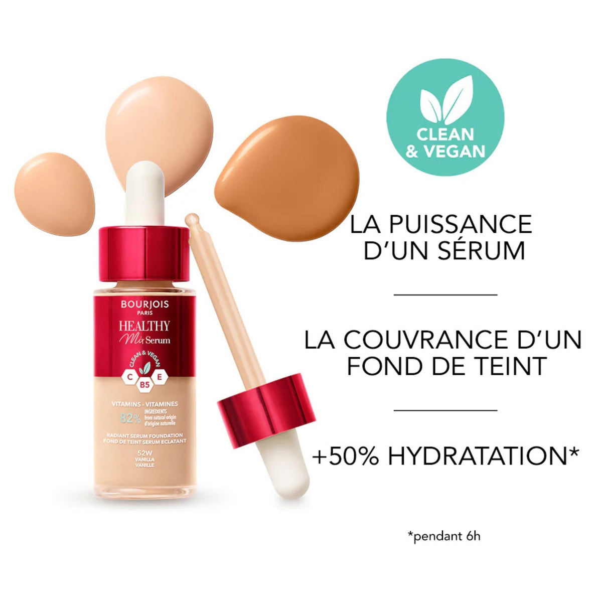Refect Beauty Bourjois Healthy Mix Serum Foundation with dropper applicator and liquid swatches for radiant finish