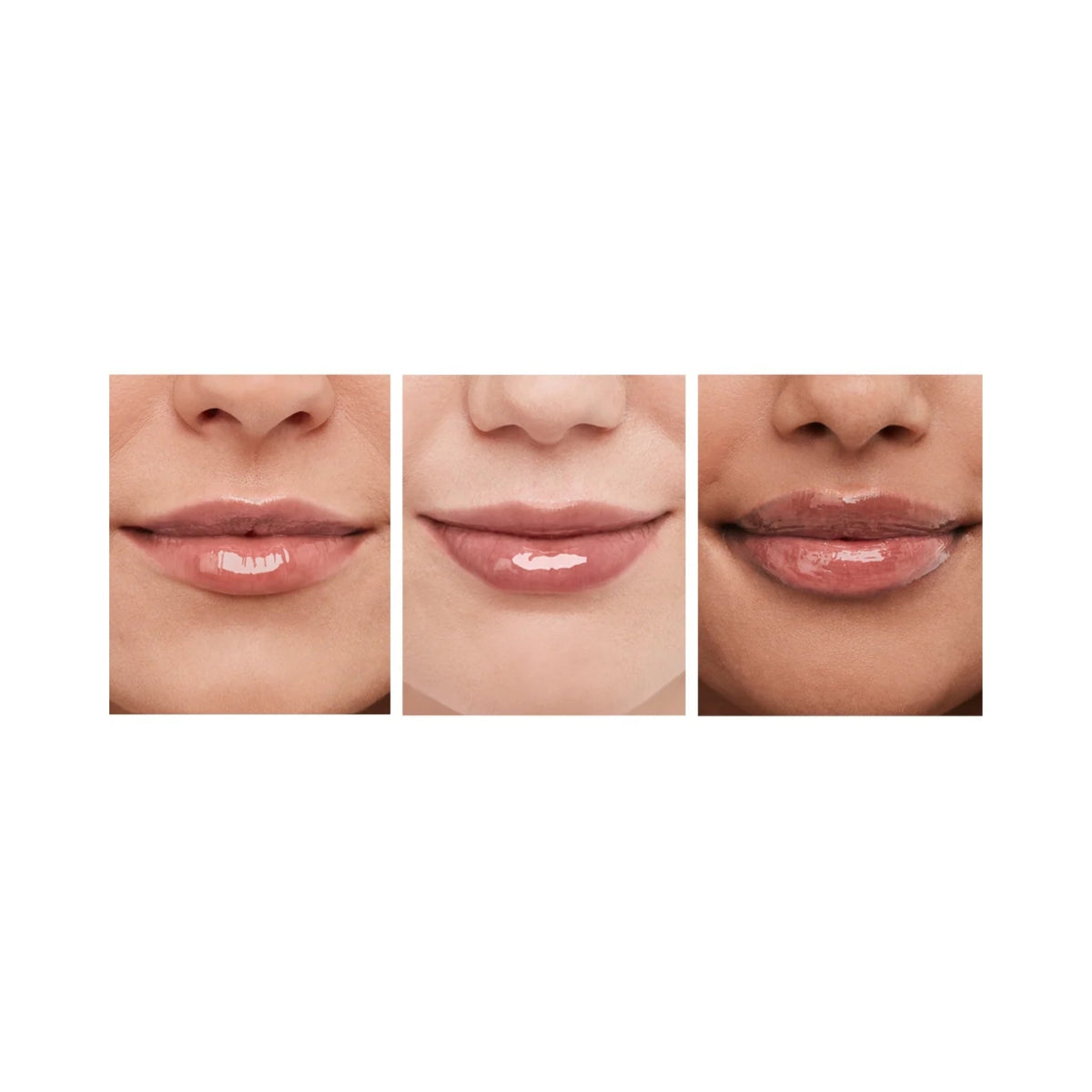 Refect Beauty Bourjois Healthy Mix SOS Lip Oil showing high-shine glossy finish on three different skin tones
