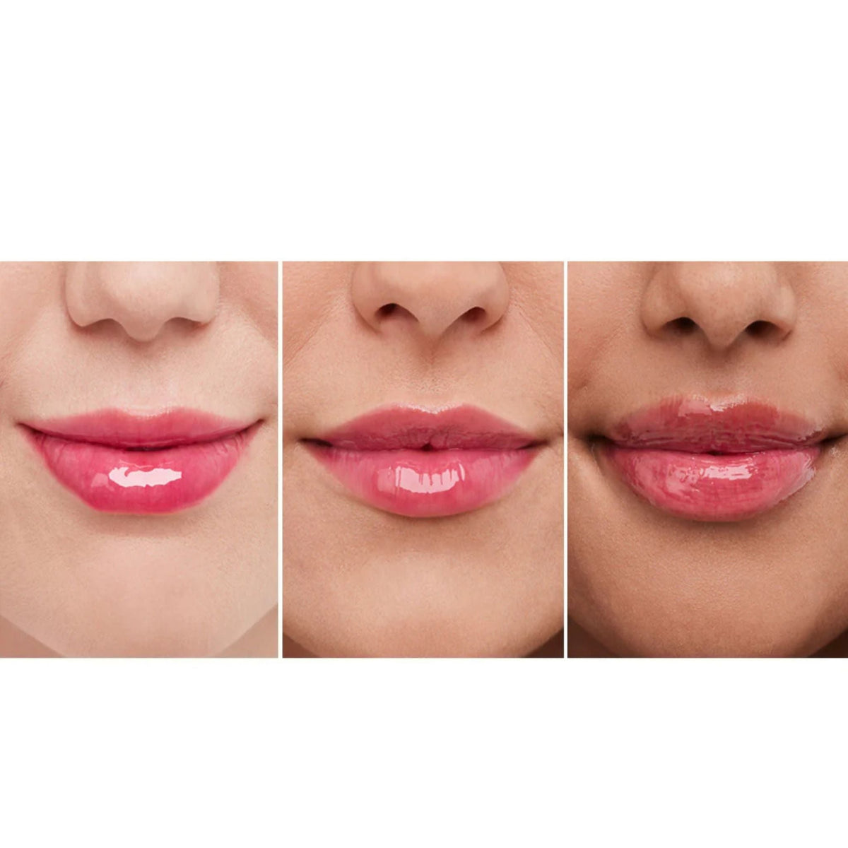 Refect Beauty Bourjois Healthy Mix SOS Lip Oil applied on three different skin tones for a glossy, hydrated finish.