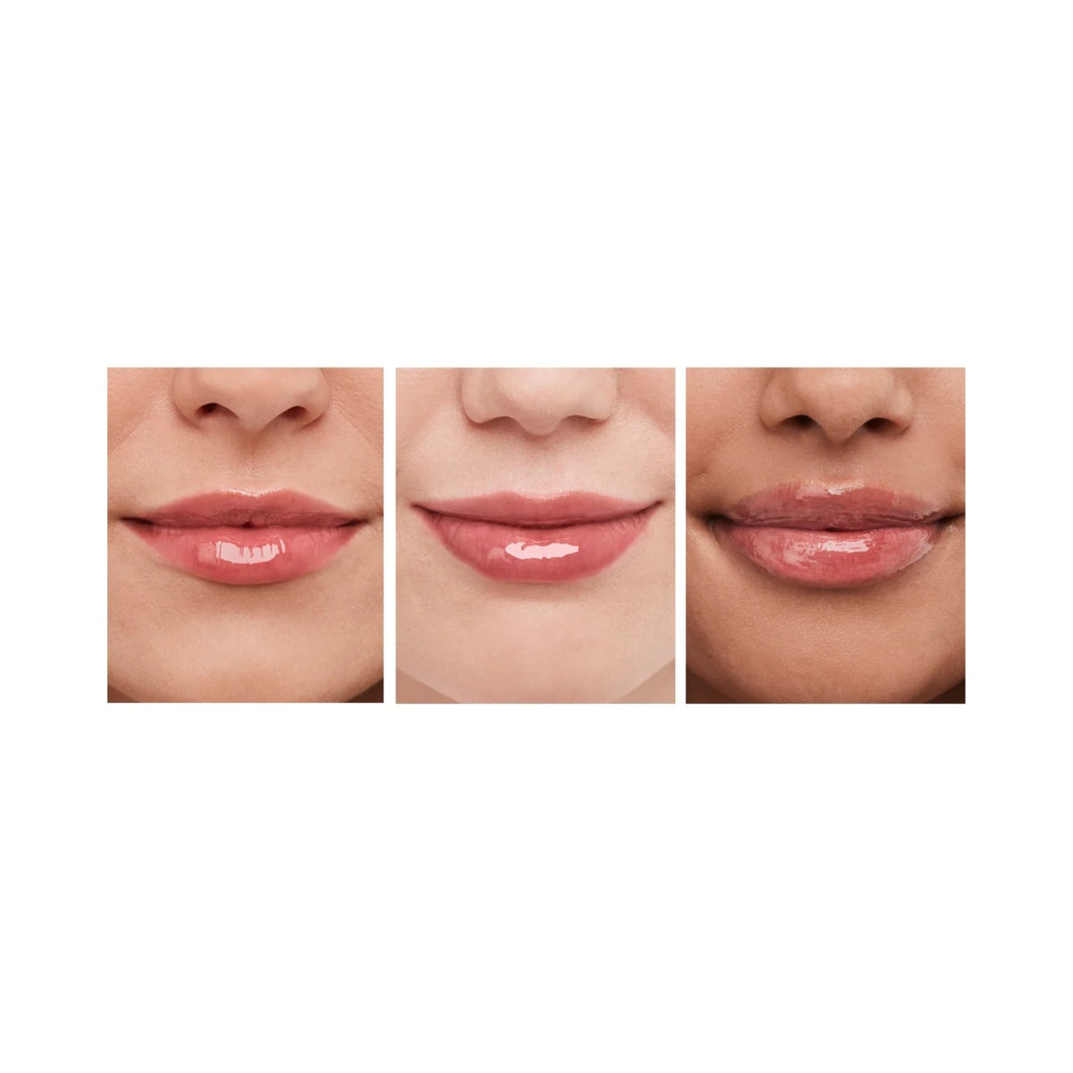 Refect Beauty Bourjois Healthy Mix SOS Lip Oil applied to three different skin tones for a glossy, hydrated finish.