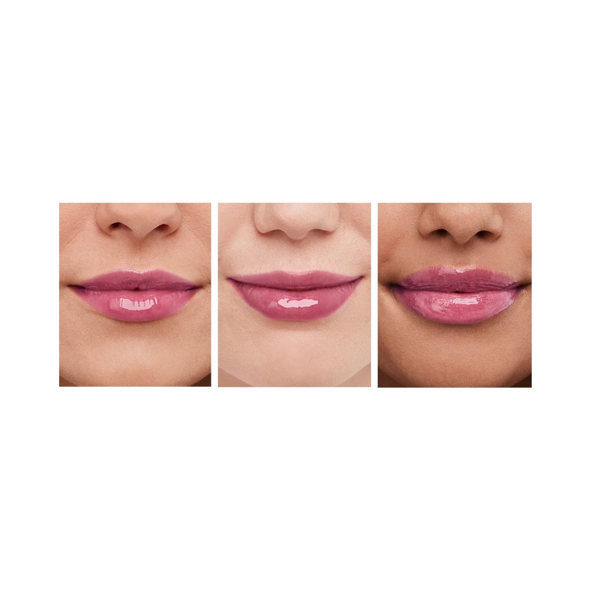 Refect Beauty Bourjois Healthy Mix SOS Lip Oil applied to three different skin tones for a glossy, hydrated finish.